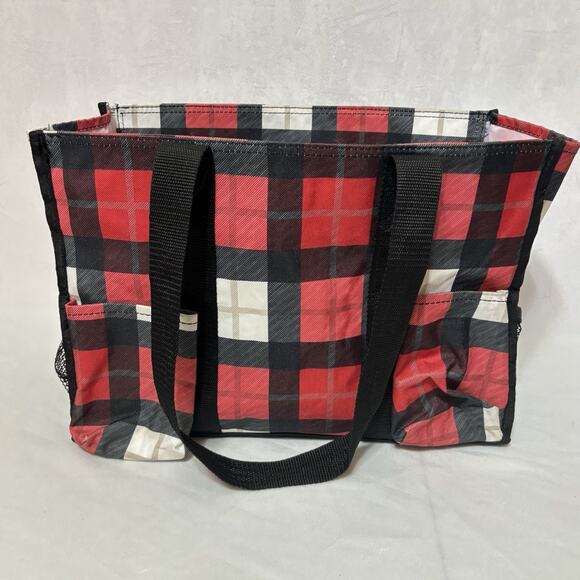 Thirty One Organizing Utility Tote 15 x 11 x 6 Pockets Red Black Holiday Plaid - Picture 2 of 4